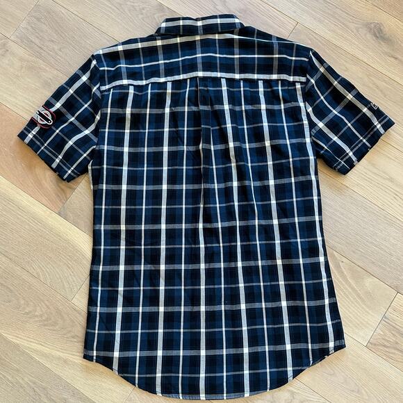 Harley-Davidson Multi-Patch Blue Plaid Button Down Shirt Men’s Slim Medium - Picture 2 of 6